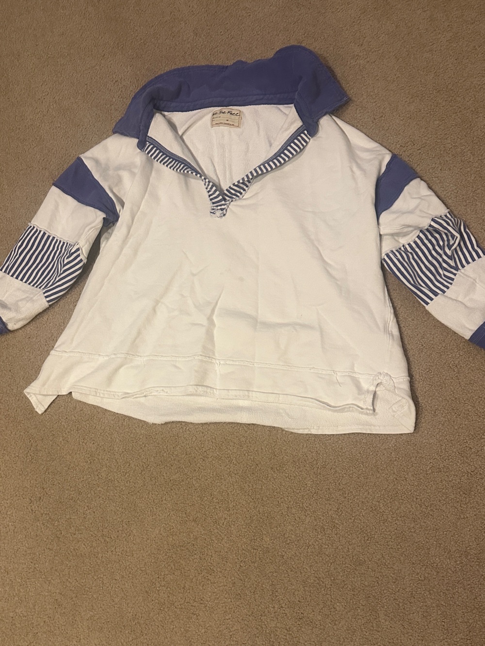 We The Free White Pullover Hoodie with Blue Stripe Accents